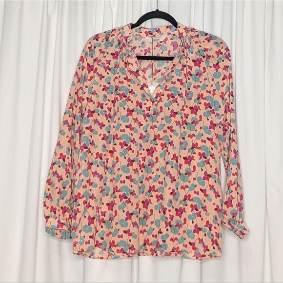 Tucker NYC Long Sleeve Polo Blouse Cherry Bloom Large Floral in Crepe de Chine - Picture 1 of 8